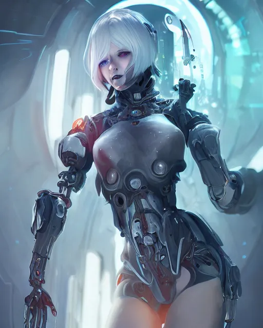 Prompt: holy cyborg necromancer girl, elegant, perfect face, scifi, futuristic, utopia, garden, illustration, atmosphere, warframe, blue eyes, white hair, blade runner, artstation, nier automata, highly detailed, art by yuhong ding and chengwei pan and serafleur and ina wong