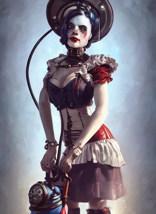 Image similar to bioshock victorian portrait of harley quinn, au naturel, hyper detailed, digital art, trending in artstation, cinematic lighting, studio quality, smooth render, unreal engine 5 rendered, octane rendered, art style by klimt and nixeu and ian sprigger and wlop and krenz cushart