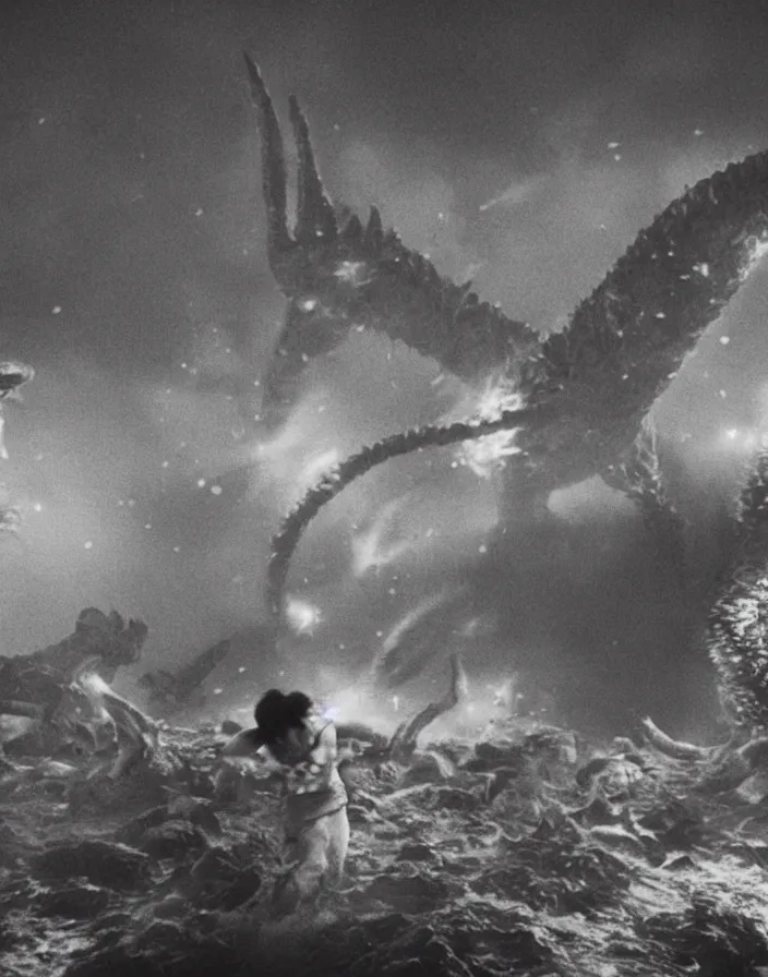 Image similar to a filmstill of a north korean monster movie, kaiju - eiga monster starfish - like trampling a traditional korean palace, foggy, film noir, epic battle, etheral, explosions, communist starfish, thriller, by wachowskis and robert eggers, video compression