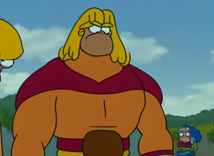 Prompt: film still of captain he - man in the simpsons movie