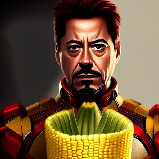 Image similar to tony stark is corn on the cob, hyperdetailed, artstation, cgsociety, 8 k