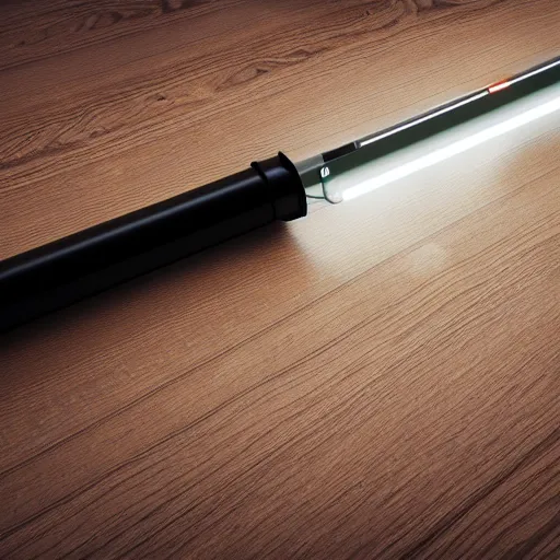 Image similar to lightsaber on a table, photorealistic render, 4 k, depth of field