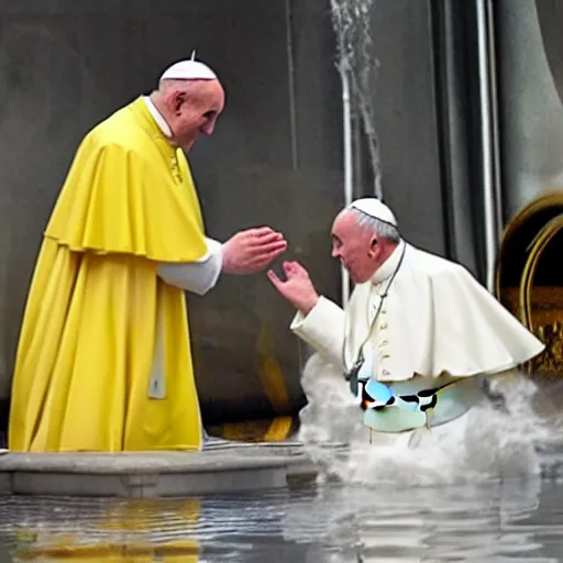 Prompt: pope francis baptizing a minion in a buddhist pagoda nuclear power plant