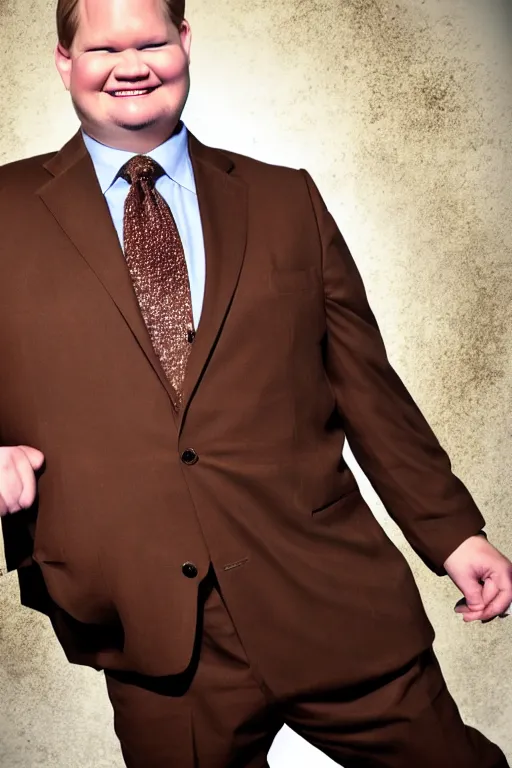 Prompt: andy richter wearing a brown suit and necktie, ultra hd photo, 3 5 mm close up, fish eye, realistic, smiling, holding a black work boot