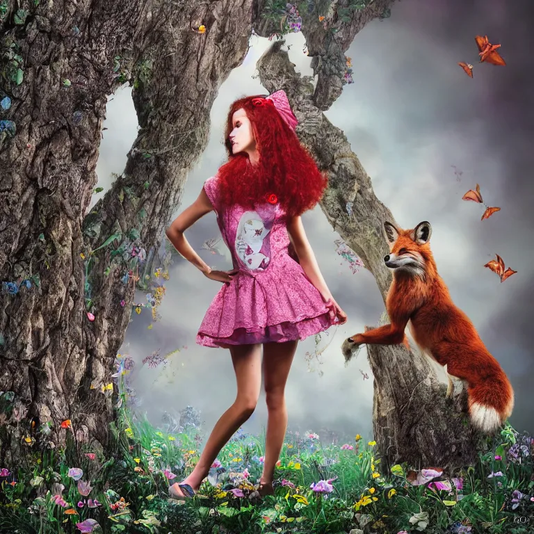 Image similar to photo of foxy girl in wonderland, realism, photorealism, sony a 7 r, high detailed