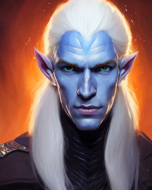 Image similar to character portrait of a slender half elven man with white hair, piercing bright blue eyes, and pale bluish skin, by greg rutkowski, mark brookes, jim burns, tom bagshaw, trending on artstation