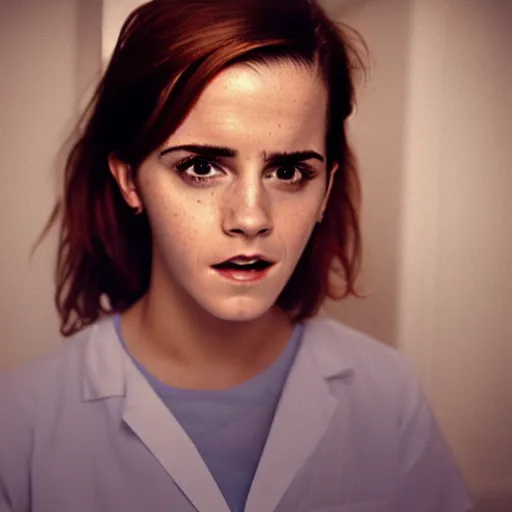 Image similar to emma watson, nurse scrubs, hospital, portrait, angry, mouth open, worms eye view, award winning, kodak ektachrome expired blue tint,