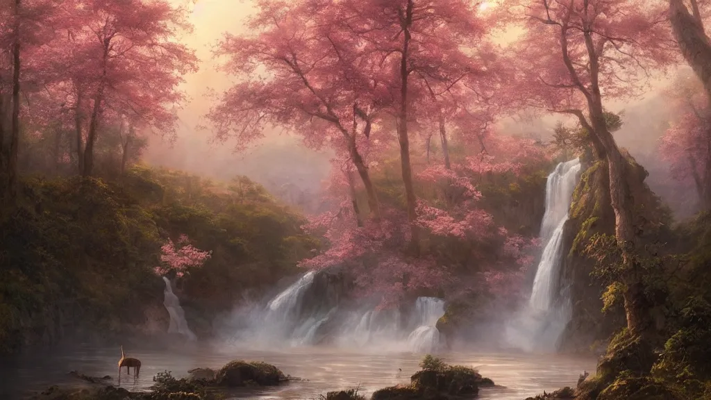 Image similar to the most beautiful panoramic landscape, oil painting, where a giant dreamy waterfall creates a river, the trees around are starting to bloom in pink colors, a majestic deer is in close - up and it is exhaling steam, the ray lights of the sunrise are brightening him, by greg rutkowski