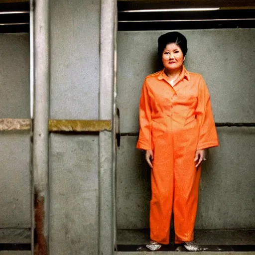 Image similar to imelda marcos in jail, behind bars, wearing an orange jumpsuit, dirty jail cell, award winning photograph by steve mccurry