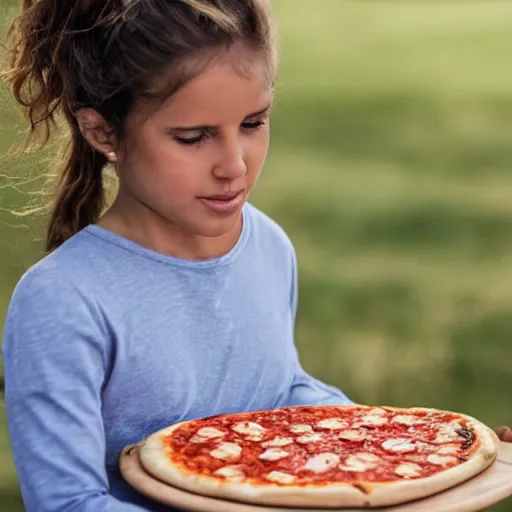 Prompt: girl eating boneless pizza