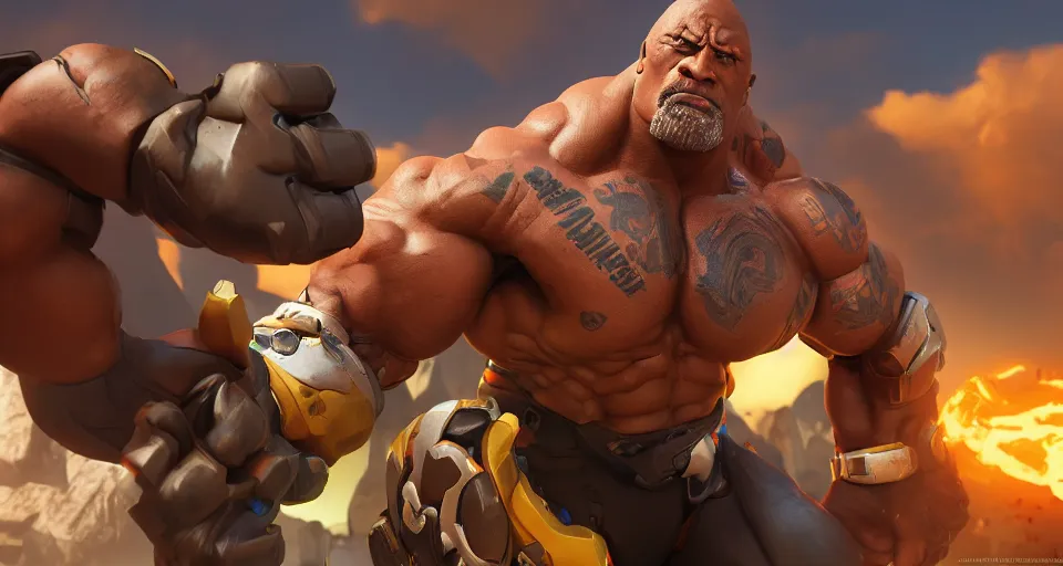 Image similar to one doomfist with dwayne johnson head, overwatch, 4 k, digital art, trending on artstation, high detailed