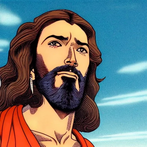 Prompt: jesus by hirohiko araki and moebius