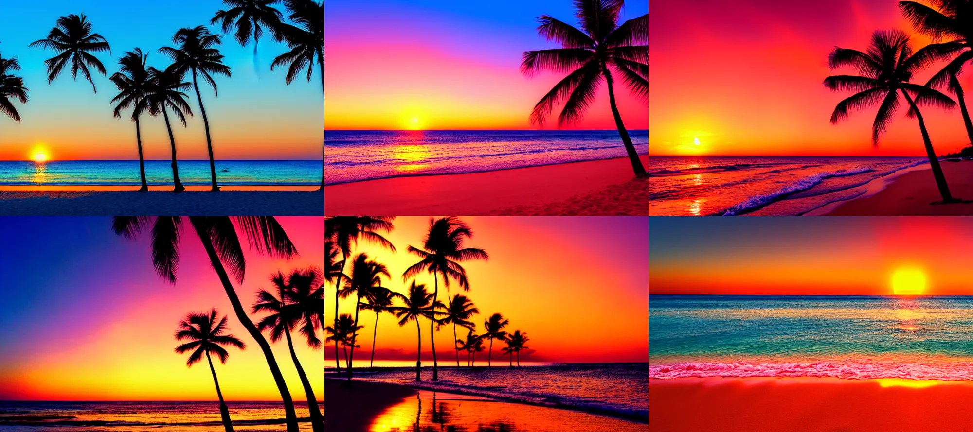 Image similar to Beach with ocean and palm trees at sunset, golden hour, crimson gradient