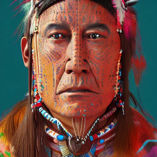 Image similar to abstract 3d portrait Native American in his traditional clothes age 40 by james jean and Jason Chan, rendering, redshift, octane