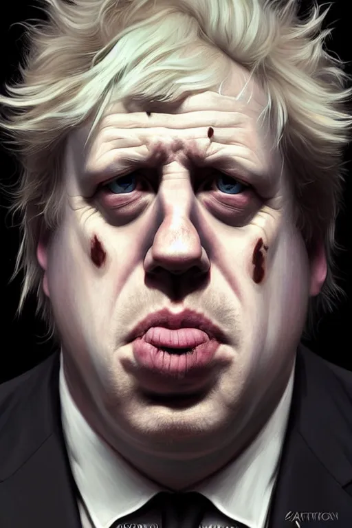 Image similar to Boris Johnson as Rick Sanchez, realistic portrait, symmetrical, highly detailed, digital painting, artstation, concept art, smooth, sharp focus, illustration, cinematic lighting, art by artgerm and greg rutkowski and alphonse mucha