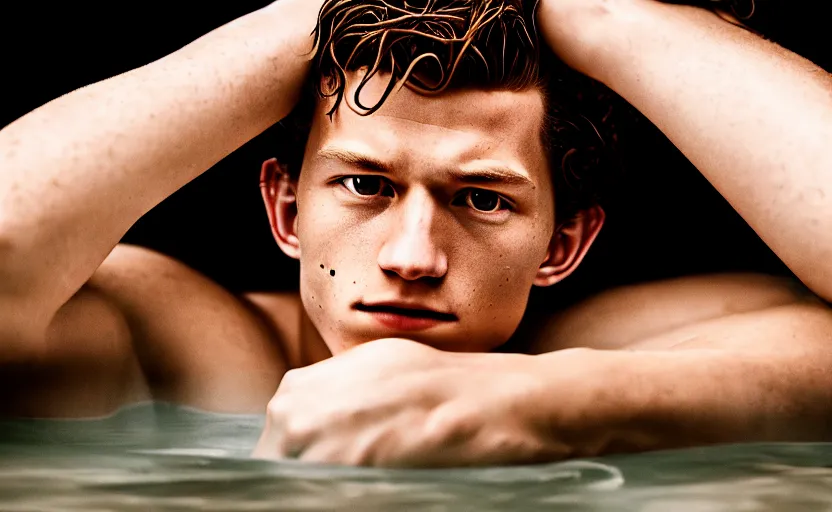 Image similar to photographic portrait by Annie Leibovitz of Tom Holland in a hot tub, closeup, foggy, sepia, moody, dream-like, sigma 85mm f/1.4, 15mm, 35mm, 4k, high resolution, 4k, 8k, hd, full color