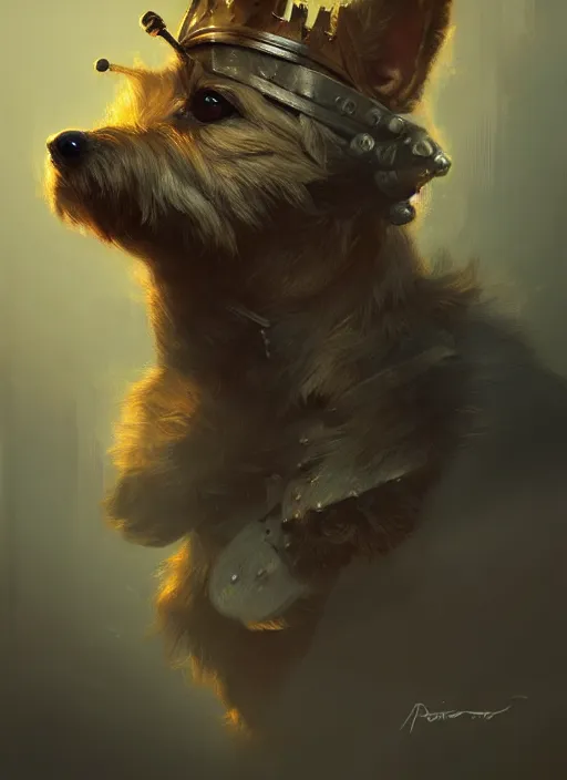Image similar to norwich terrier as an knight, backround dark, highly detailed, digital illustration, trending in artstation, modern painting, smooth, sharp focus, intricate, by peter mohrbacher