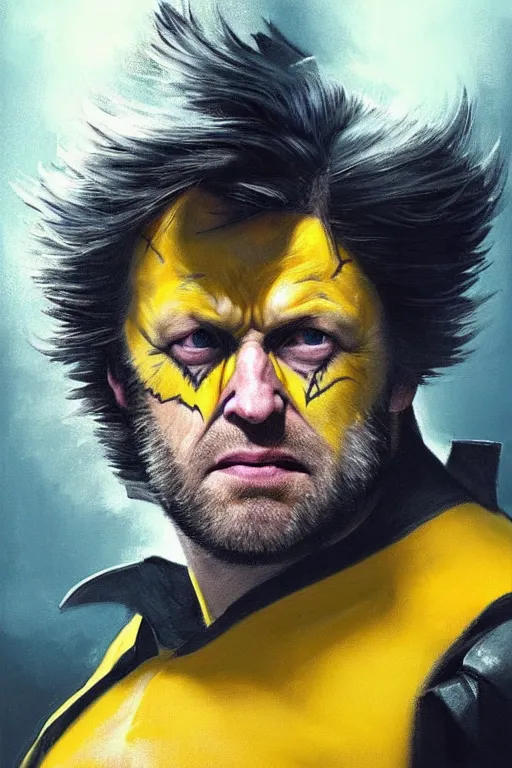 Image similar to Boris Johnson as movie Wolverine, claws are up, yellow X-man costume, Boris Johnson hairstyle, calm, grumpy, portrait, masculine figure, highly detailed, digital painting, artstation, concept art, smooth, sharp focus, illustration, cinematic lighting, art by artgerm and greg rutkowski and alphonse mucha