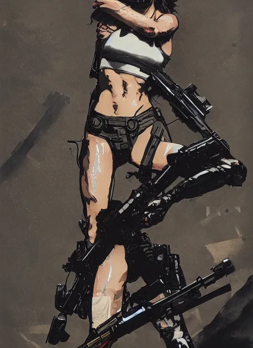 Image similar to kendall Jenner wearing metal gear armor holding gun dramatic lighting art by Richard Schmid by Hokusai by Yoji Shinkawa by greg rutkowski by Sandra Chevrier cinematic dramatic