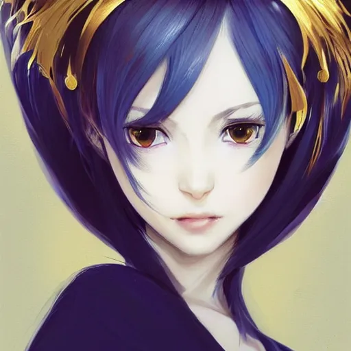 Image similar to portrait of anime pixie character with gold crown hair, manga cover, highly detailed, digital painting, artstation, concept art, sharp focus, illustration, strong brush stroke, anime, sharp edges, coherent, art by greg rutkowski, ilya kuvshinov, sharp focus, ghibli studio, art by ilya kuvshinov, rossdraws