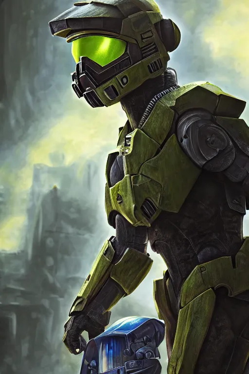 Image similar to scooby doo playing as master chief, oil on canvas, intricate, portrait, 8 k highly professionally detailed, hdr, cgsociety