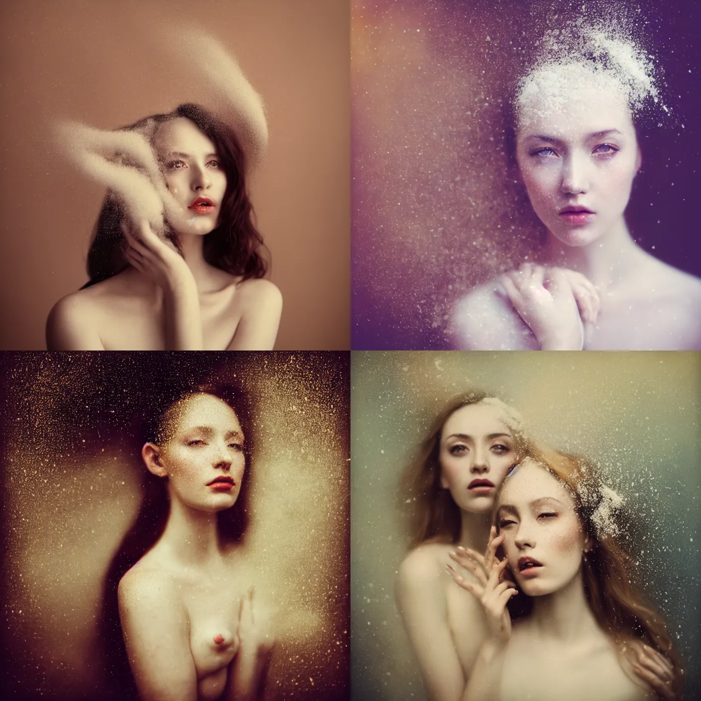 Prompt: portrait photography of a beautiful woman surrounded by white powder explosions byanka zhuravleva and ary scheffer. marco mazzoni. vogue. kodak portra. ( depth of field ). bokeh!. golden hour. detailed. hq. realistic. vibrant. lens flare. canon eos r 3, 8 k, raw, symmetrical balance, in - frame