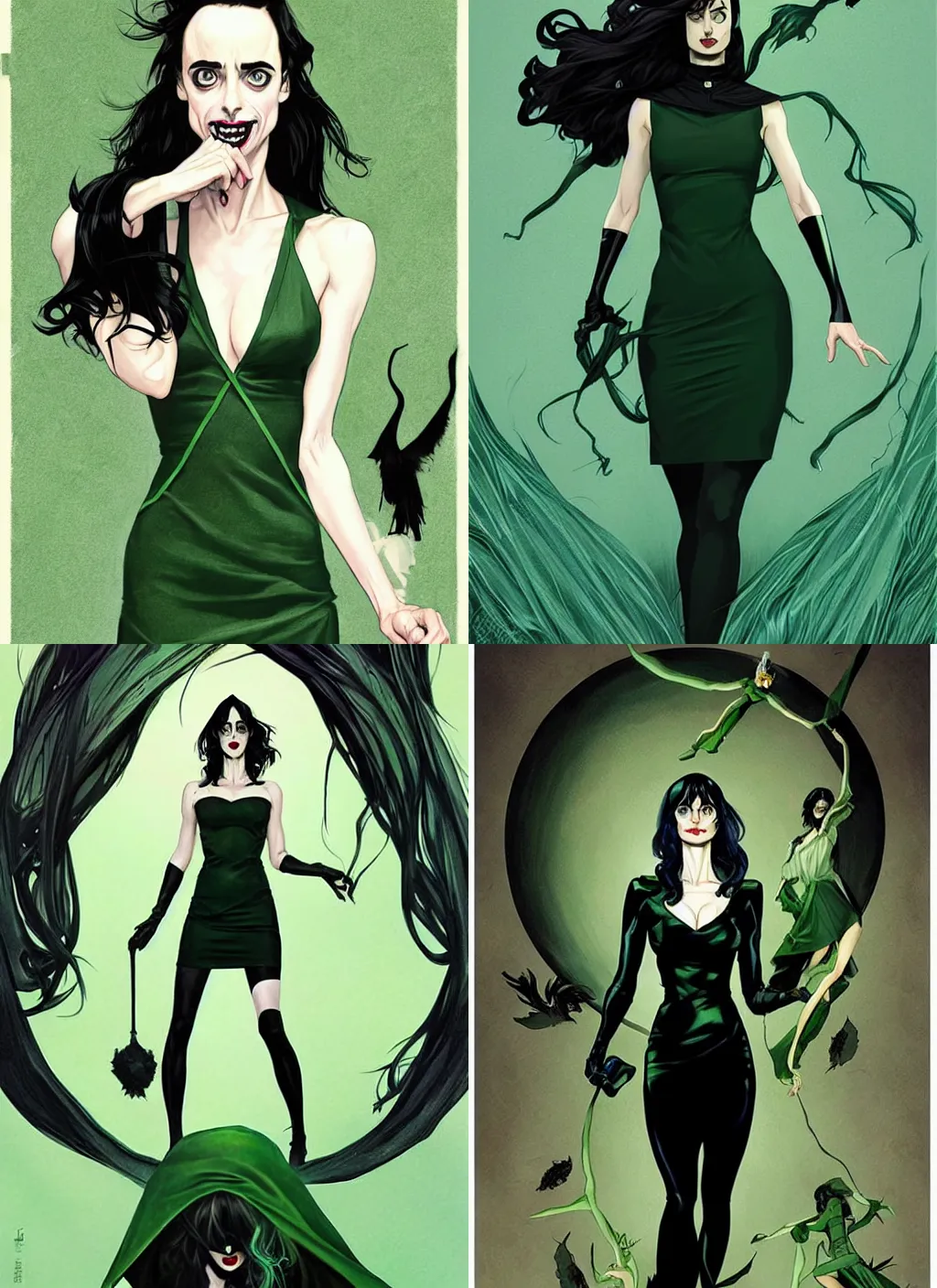 Prompt: <https://s.mj.run/jp6JXjoCAkc> Female witch Krysten Ritter, style of Joshua Middleton comic book art Nick Dragotta comic art, black and green eyes, symmetrical face, symmetrical eyes, scary smile, full body, dark green dress