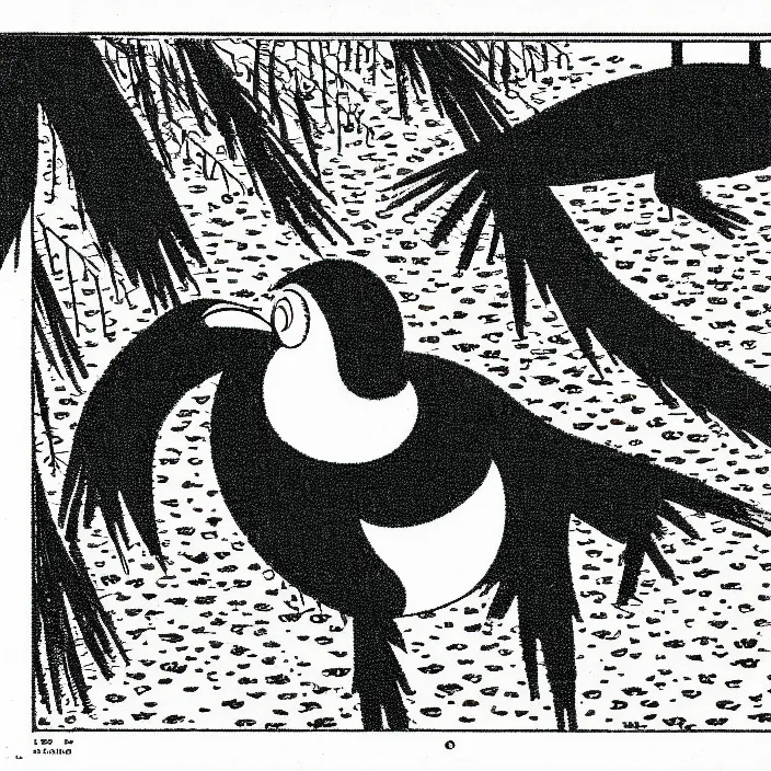 Image similar to a still frame from comic strip, black funny hairy bird 1 9 5 0, hasui kawase, herluf bidstrup, new yorker illustration, monochrome bw, lineart, manga, tadanori yokoo, simplified, isometric blueprint