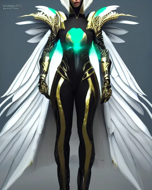 Image similar to sultry egyptian queen wearing white dove wings, warframe armor, regal, attractive, ornate, sultry, elize theron, pretty face, green eyes, scifi platform, 4 k, ultra realistic, epic lighting, illuminated, cinematic, black gold, art by akihito tsukushi, voidstar