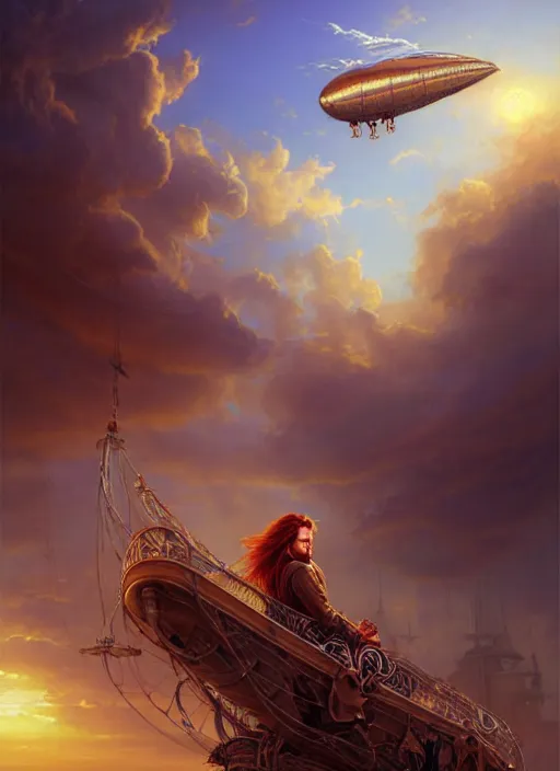 Image similar to portrait painting of a handsome face rugged long hair crimson hair male pirate, top half portrait soft hair steampunk ornate zeppelin blimp airship in the background sky sunset golden hour fantasy soft hair deviantart book cover art dramatic volumetric lighting art by stephan martiniere wlop greg rutkowski gaston bussiere