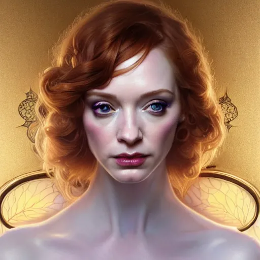 Prompt: christina hendricks wearing a white periwinkle, sci fi, glowing eyes, volumetric lights, gold theme, art nouveau botanicals, intricate, highly detailed, digital painting, artstation, concept art, smooth, sharp focus, cinematic, illustration, beautiful face, art by artgerm and greg rutkowski and alphonse mucha