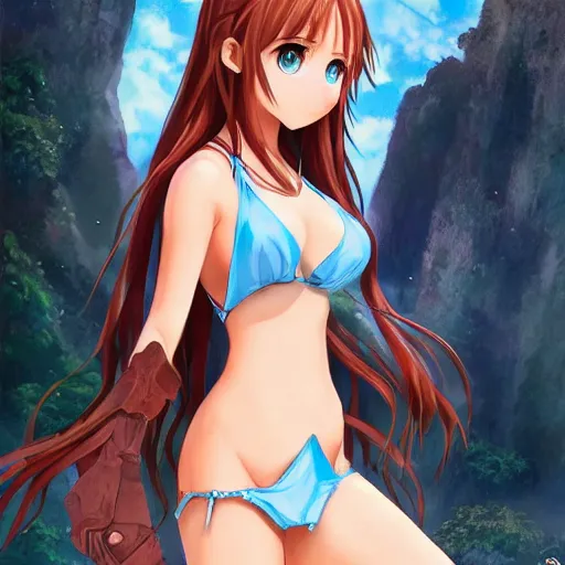 Image similar to a giant macro very beautiful young yuuki asuna, ( full body, long wavy hair, sky blue eyes, full round face, bikini, miniskirt ), standing with tyrion lannister cinematic wallpaper by stanley artgerm lau