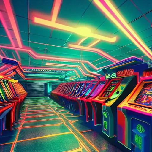 Prompt: cinematic shot 8 0 s arcade, hyper realistic, mood lighting, highly detailed, super realistic, perfect lighting pixel sorting
