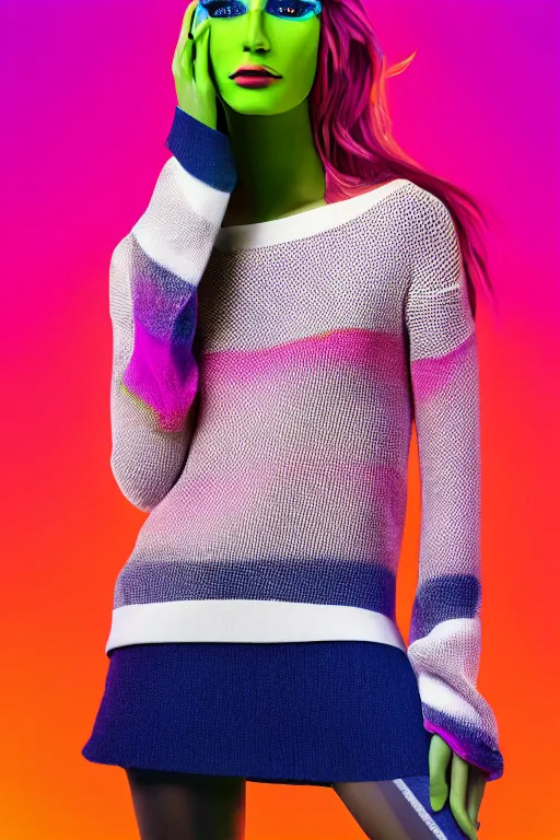 Image similar to stylish pullover for a rave, bright colors, many details, prints, photo for a magazine, photo for a store, fashion photography, Vogue, cinematic, hyper realism, high detail, octane render, 8k, very coherent symmetrical work, perfect face model, full length photo, Upper and lower body, even skin tone,Soft shadows on the face, white eyes, photographer style by Nik Night Erik Madigan Hec and Walter Chin and Camilla Akrans and Miles Aldridge