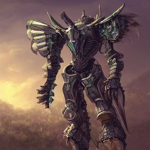 Prompt: “digital painting of a fantasy hero in highly detailed, very intricate mech armor in a farming village.”