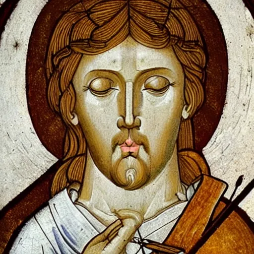 Image similar to realistic medieval painting portrait of white angel with clean narrow face like noface, 3 / 4, miracle light coming up from the head up and up, misty space, grace and blessing, by andrei rublev, renaissance, christianity, marble stone, glow effect, white background