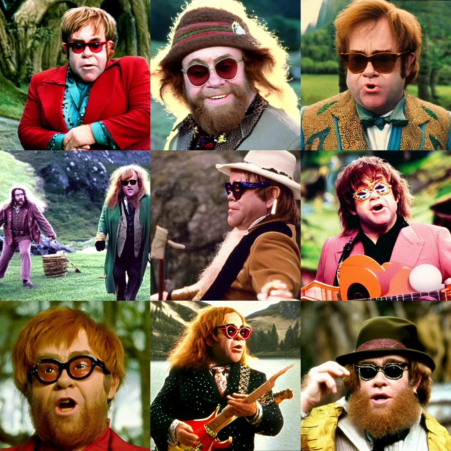 Prompt: A full color still of Elton John playing a big burly Tom Bombadil in Stanley Kubrick’s The Lord of the Rings, 1970, 35mm film