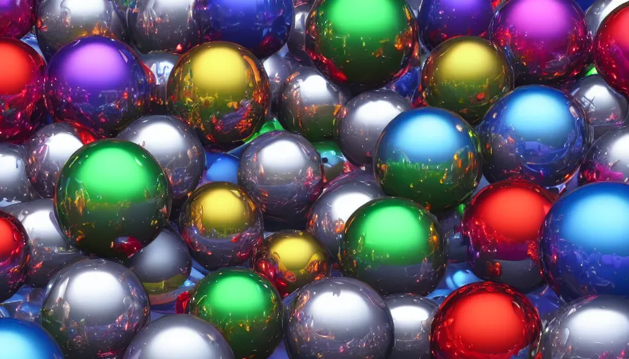 Prompt: metallic rainbow spheres in water, hyperdetailed, artstation, cgsociety, 8 k