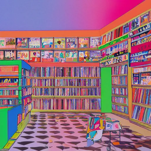 Prompt: inside of a record shop, 1960s saturday morning cartoon background, soft pastel colors