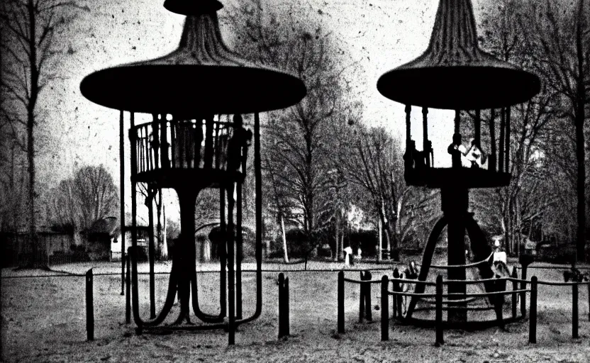 Prompt: a old daguerreotype photo of the slender man, standing still, waiting next to a merry go round in a kids park, grainy, old photo, golden ratio, scary, horror photography, 5 0 mm lens, f 1. 8