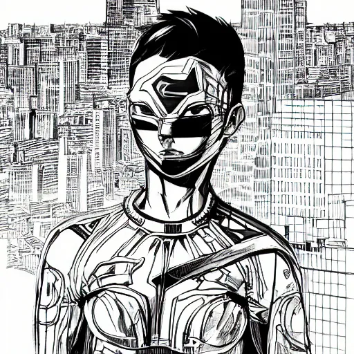 Image similar to Manga illustration of masked super hero, full body and head portrait by Tetsuo Hara. Depth of field, zoom out 35mm camera, awesome cityscape in the background, highly detailed concept art, detailed pencil art by Kengo Hanazawa