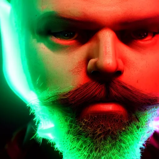 Prompt: an extreme close - up portrait of a neon glowing human beard, photographic filter, unreal engine 5, realistic, hyperdetailed, 8 k, cinematic, volumetric lighting, very realistic effect, hd, hdr, 4 k, sharp focus, octane render, ultra detailed, high resolution, trending on artstation in the style of albert dros glowing rich colors powerful imagery