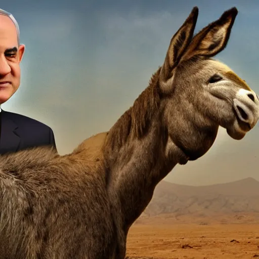 Image similar to donkey sitting on benjamin netanyahu picture, photorealistic, detailed, photograph