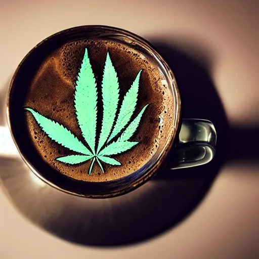 Image similar to a coffee cup with smoke coming from it, on the table it has marijuana blunts