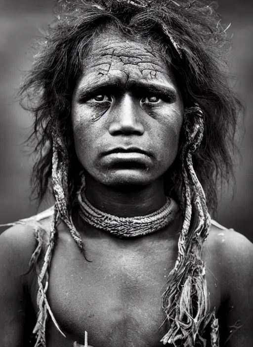 Image similar to Award winning Editorial photo of a Native Nauruans with incredible hair and beautiful hyper-detailed eyes wearing traditional garb by Lee Jeffries, 85mm ND 5, perfect lighting, gelatin silver process