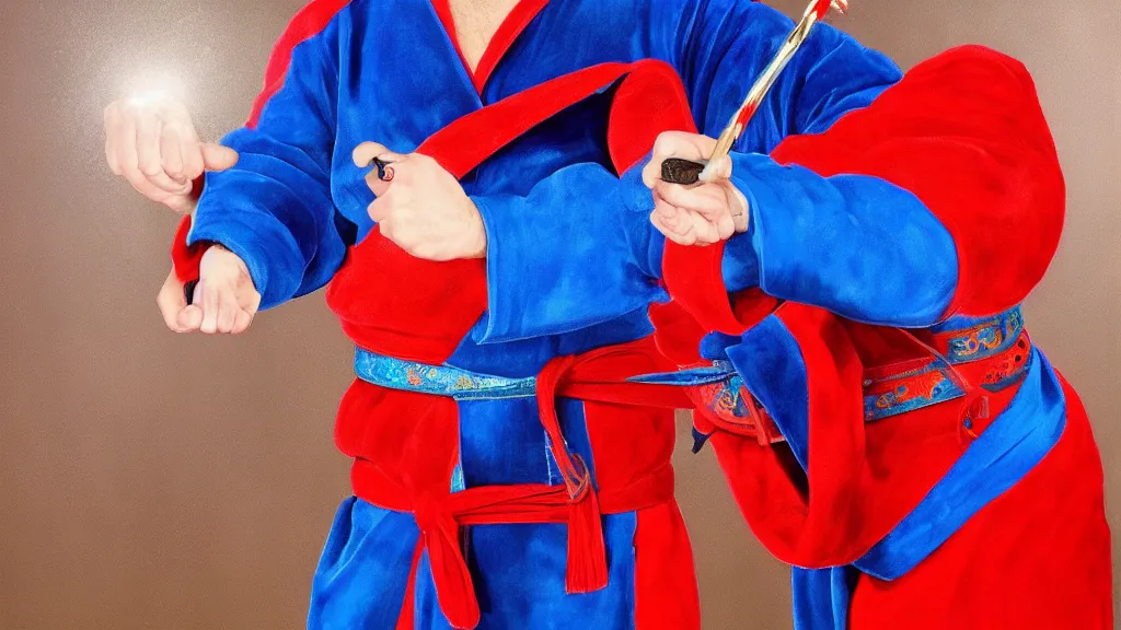 Prompt: A magician wearing blue robe with red belt. Airbrush style.