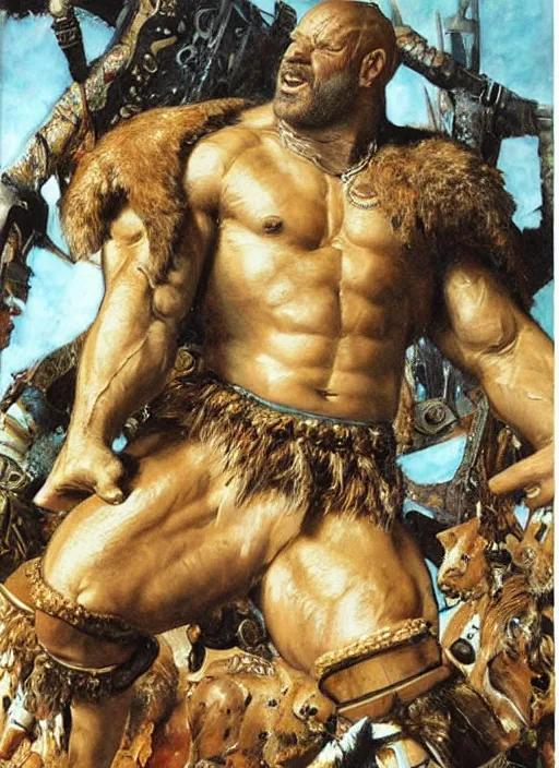 Prompt: huge morgan aste as hercules dressed in animal skins, by john berkey and lawrence alma tadema and rick berry and norman rockwel