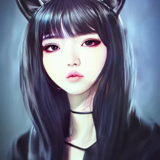 Image similar to realistic detailed semirealism beautiful gorgeous cute Blackpink Lalisa Manoban sleeping, black hair black cat ears, black leather choker, proportional body, WLOP, Aztodio, Taejune Kim, sakimichan, ArtGerm, Pixiv, Instagram, Artstation