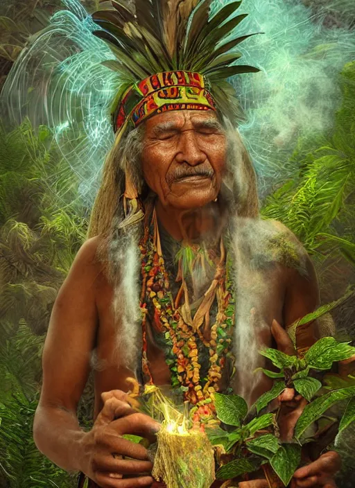 Prompt: a vision of the tobacco plant teacher spirit as an old indigenous man during an ayahuasca ceremony, surrounded by thick smoke, fractals, fantasy art, matte painting, highly detailed