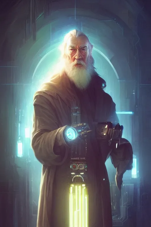 Image similar to portrait of cyborg Dumbledore in cyberpunk, neon lighting, night city, digital art from artstation by Ruan Jia and Mandy Jurgens and Artgerm and william-adolphe bouguereau and Greg Rutkowski